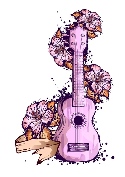 Brasiliansk gitarr, ukulele, tropiska blommor.Färg skiss ritning, isolerade objekt på en vit bakgrund — Stock vektor