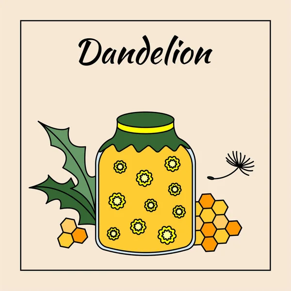 Dandelion jam in glass jar, vector illustration composition