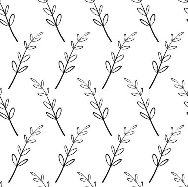Elle çizilmiş dalları olan kusursuz bir desen. Vector vintage siyah beyaz siluet. Tasarımın için sonsuz doku, romantik tebrik kartları, duyurular, kumaşlar. Çiçek arkaplan. Doğal elementin çizimi.
