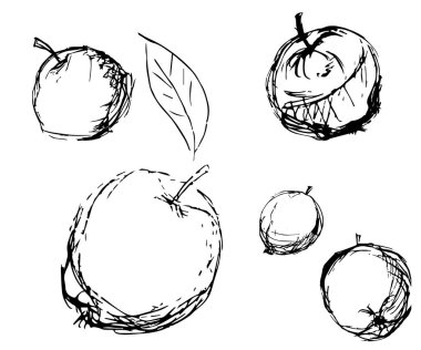 El çizimi siyah ve beyaz elmalar. Klasik eskiz tarzı illüstrasyon. Organik ekolojik gıda. Tekstil, baskı, menü, kartlar, posterler için tasarım.