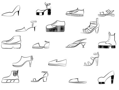 Bir çift kadın ayakkabısı. Elle çizilmiş siyah beyaz bir çizim. Beyaz arkaplanda vektör çizimi izole edildi. Kartpostallarda, çıkartmalarda, geçmişlerde, simgelerde, sembollerde kullanılabilir.