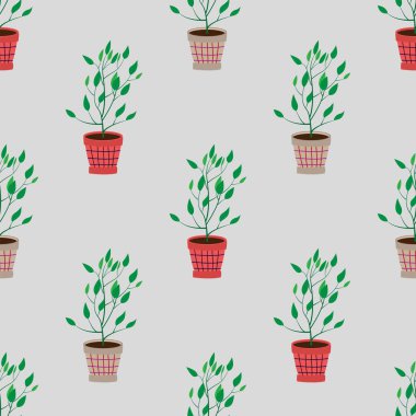 Bir saksıdaki ev bitkisinin vektör deseni. Açık gri arkaplanda renkli düz bir çizim. Arkaplan, poster, tekstil, kart, tişört tasarımı.