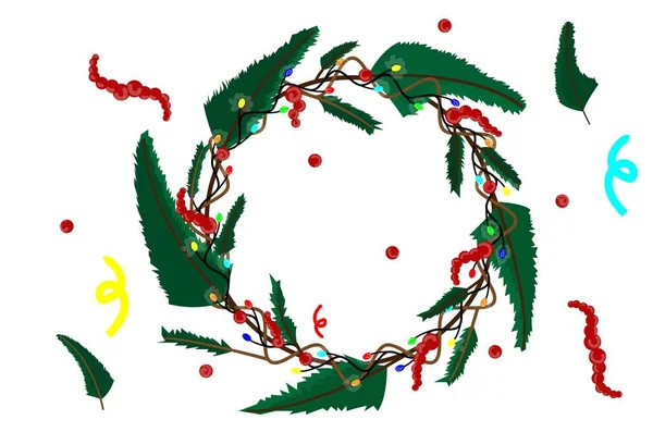 Beyaz arka planda izole edilmiş parlak yuvarlak el çizimi. Noel ağacının dallarından oluşan kış tatili çelengi. Yeni yıl dekorasyonu, tebrik kartları, posterler için tasarım.