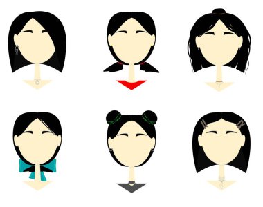 Kısa siyah saçlı bir grup ikon kız. Vektör düz çizim. Altı farklı saç stili olan bir kız. Simgeler, avatarlar, kartpostallar ve daha fazlası için tasarım.