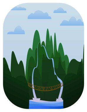 Uçurumun üzerindeki yeşil tepelerdeki asma köprü. Şelalesi ve nehri olan orman dağları. Modern vektör düz çizim. Posterler, resimler, kartpostallar, tekstil, tişörtler, arka planlar için tasarım.