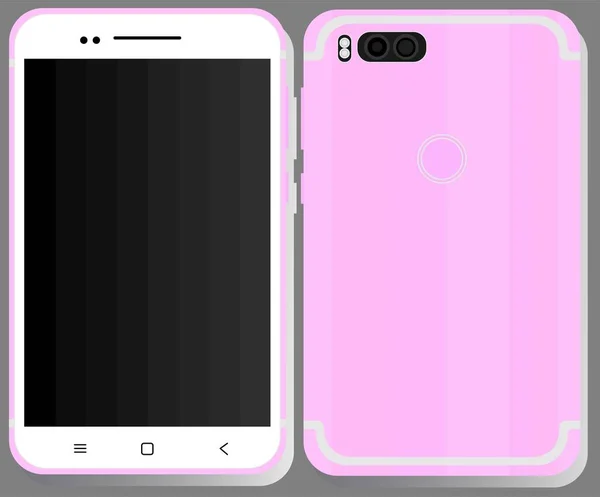 Gölgeli pembe cep telefonu: arka ve ön görüş. Gri arka planda modern bir akıllı telefonun düz bir temsili. Posterler, tekstil, şablonlar, simgeler, kartpostallar için tasarım.