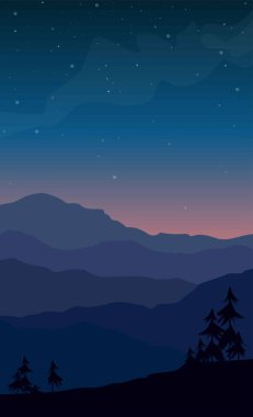 Ağaçlı ve yıldızlı gökyüzü olan dağ manzarası. Dağların, sükunet ve huzuru somutlaştıran düz bir temsili. Kartlar, posterler, arka planlar, tekstil tasarımları.