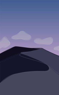 Flat illustration of a gloomy desert. Early sunrise or sunset in the wild. Vector picture of sand and clouds. Design for cards, posters, backgrounds, textiles.