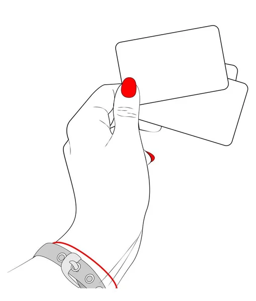 Flat illustration on a white background. Hand with business cards, cards in sketch style. Black and white vector drawing with colored elements. Design for posters, cards, pictures, backgrounds, textiles.