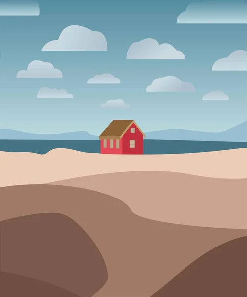 Vector flat illustration. Red house in the field, among the mountains and the river. Air clouds. Contemporary painting in vibrant colors. Design for postcards, posters, textiles, backgrounds, cards, cartoons, location.