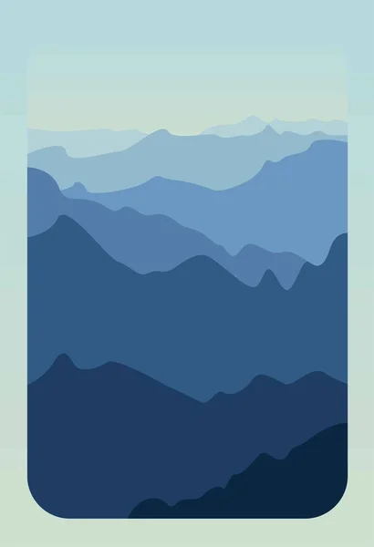Mavi tonda düz çizim. Dağ temasının vektör görüntüsü, okyanus, dalgalar, tepeler. Minimalist stil. Kartlar, posterler, arka planlar, tekstil, şablonlar, menüler, pankartlar için tasarım.