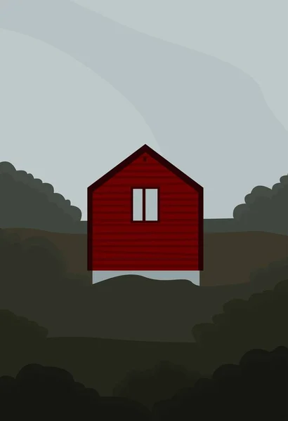 房子在绿茵的草地上 灌木丛丛生 在青草和灰蒙蒙的天空中 一座深红色的房子的矢量图像 纺织品 卡通画的设计 — 图库矢量图片
