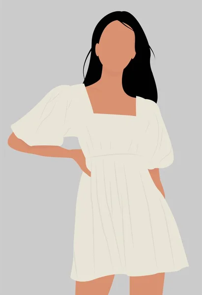 Menina Vestido Curto Branco Ilustração Plana Uma Menina Cabelos Negros — Vetor de Stock