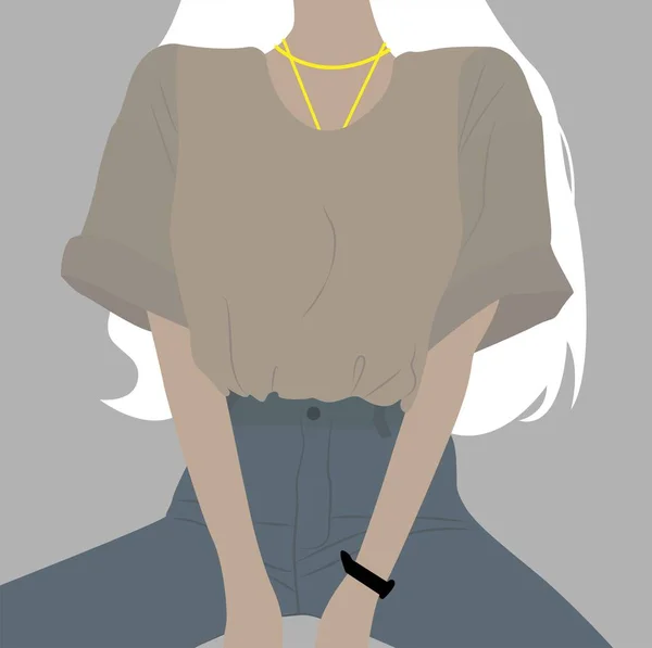 Chica Pelo Blanco Con Una Camiseta Gris Vaqueros Azules Ilustración — Vector de stock
