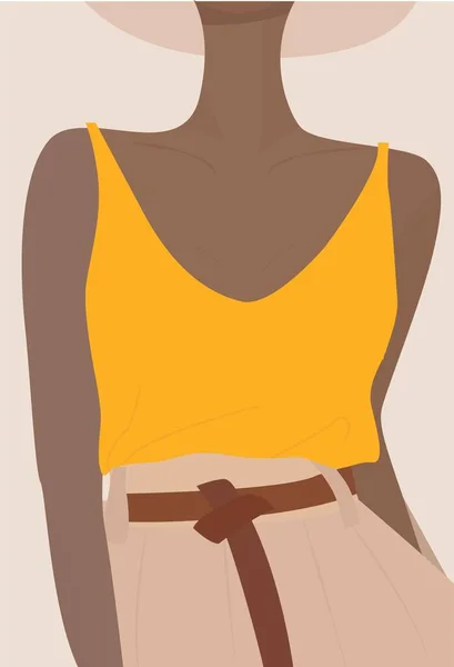 一个戴着帽子的少女的矢量形象 一位穿着浅色裤子和橙色上衣的年轻女士 现代平面插图 明信片 招贴画 纺织品 菜单的设计 — 图库矢量图片
