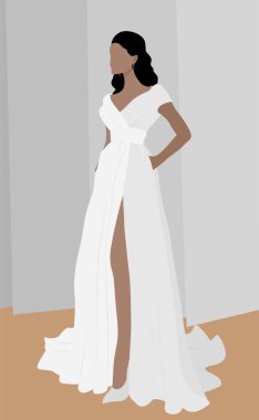 Şenlikli giyinmiş kız. Uzun beyaz elbiseli bir kızın düz bir yansıması. Gelinlik. Kartlar, posterler, arka planlar, şablonlar, tekstil, menüler, arka planlar, avatarlar için tasarım.