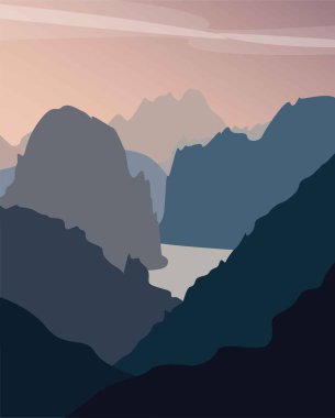 Flat color abstraction. Hand-drawn vector image. Mountainous area with a river. Design for cards, posters, backgrounds, textiles, templates, avatars, menus, logos.