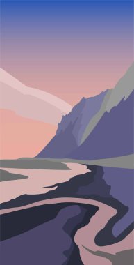 Vector image of a natural mountain range with a river. Flat illustration in light colors. Modern abstraction of nature. Design for postcards, posters, backgrounds, textiles, templates, postcards.