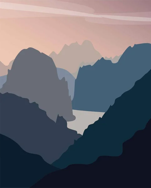 Flat Color Abstraction Hand Drawn Vector Image Mountainous Area River — Vector de stock