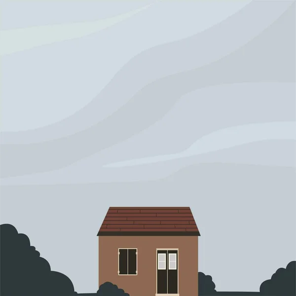 Hand-drawn vector image in flat style. House in the meadow. Small country house. Design for cards, posters, backgrounds, templates, banners.