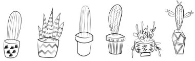 Ev bitkileri skeci. Saksıdaki çiçeklerin siyah beyaz çizimi. Düz çizim. Şablonlar, kartlar, posterler, avatarlar, arka planlar, tekstil, kompozisyonlar, karikatürler için tasarım.