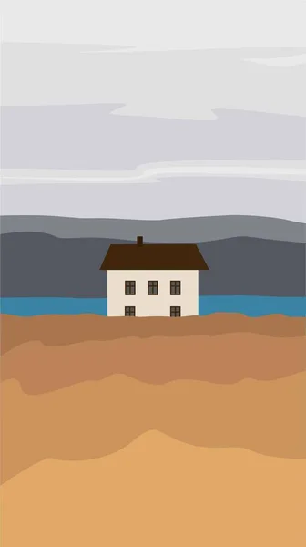 Casa Orillas Del Río Campo Dorado Con Montañas Cielo Gris — Vector de stock