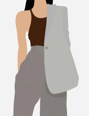 Gri takım elbiseli kız. Vektör düz çizim. Üstteki bayan, yaz manzarası. İş kıyafeti. Avatarlar, posterler, arka planlar, şablonlar, simgeler, posterler, kartlar, çıkartmalar için tasarım.