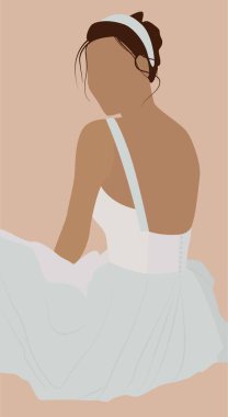 Vektör düz çizim. Kafasında çember olan beyaz elbiseli bir kız. Gelinlik. Kartlar, posterler, arka planlar, avatarlar, tekstil, şablonlar için tasarım.