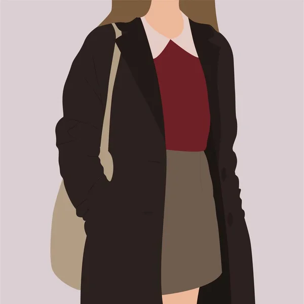 Sonbahar Kıyafetli Çantalı Bir Kız Palto Etek Süveter Giymiş Genç — Stok Vektör
