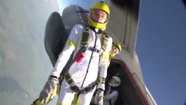 Professionele skydivers doen vrije val — Stockvideo