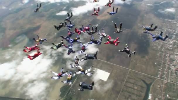 Skydivers no céu sobre a cidade — Vídeo de Stock