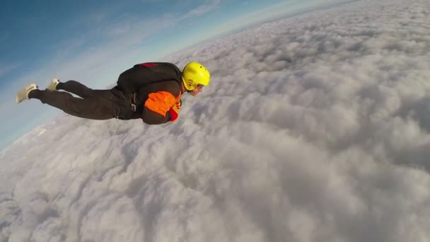 Skydivers no céu sobre a cidade — Vídeo de Stock