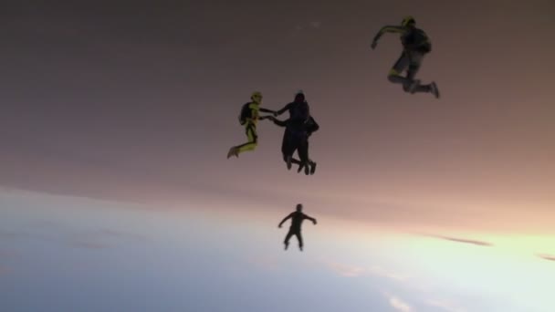 Skydivers no céu sobre a cidade — Vídeo de Stock