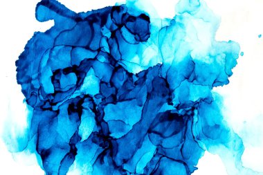 Mavi renkli soyut arkaplan, el yapımı alkol boyası, sıvı mürekkep tekniği.