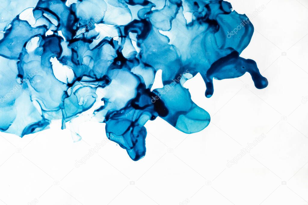 Abstract background in blue color, hand drawn alcohol painting, liquid ink technique