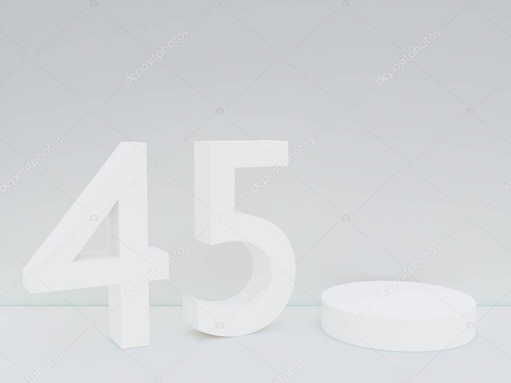 Scene with podium for mock up presentation in white color, minimalism style and number 45 with copy space, 3d render abstract background design
