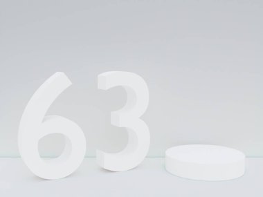 Beyaz renk, minimalizm tarzı sunum için podyum sahnesi ve kopyalama alanı ile 63 numara, soyut arkaplan tasarımı için 3d görünüm