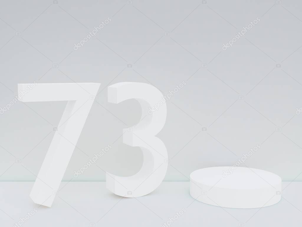 Scene with podium for mock up presentation in white color, minimalism style and number 73 with copy space, 3d render abstract background design