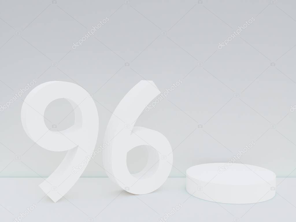 Scene with podium for mock up presentation in white color, minimalism style and number 96 with copy space, 3d render abstract background design