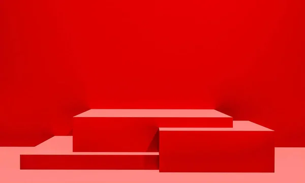 Scene with red color podium for mock up presentation in minimalism style with copy space, 3d render abstract background design