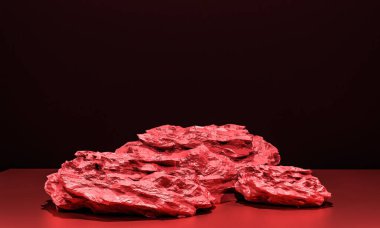 Fotokopi alanı ile minimalizm tarzında sunum yapmak için kırmızı renk podyumuna sahip sahne, 3d soyut arkaplan tasarımı