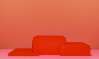 Fotokopi alanı ile minimalizm tarzında sunum yapmak için kırmızı renk podyumuna sahip sahne, 3d soyut arkaplan tasarımı