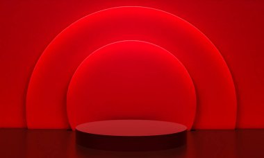 Fotokopi alanı ile minimalizm tarzında sunum yapmak için kırmızı renk podyumuna sahip sahne, 3d soyut arkaplan tasarımı
