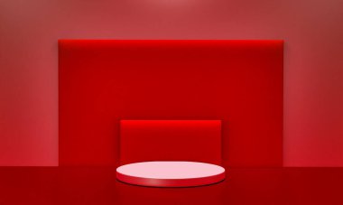 Fotokopi alanı ile minimalizm tarzında sunum yapmak için kırmızı renk podyumuna sahip sahne, 3d soyut arkaplan tasarımı