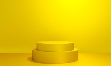 Fotokopi alanı ile minimalizm tarzında sunum yapmak için sarı renkli podyum sahnesi, 3d soyut arkaplan tasarımı