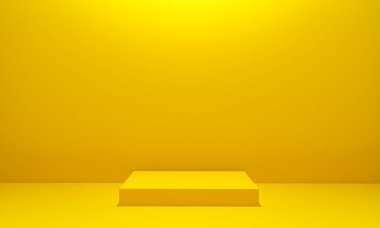 Fotokopi alanı ile minimalizm tarzında sunum yapmak için sarı renkli podyum sahnesi, 3d soyut arkaplan tasarımı