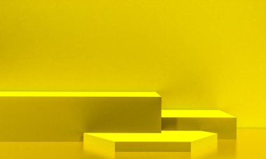 Fotokopi alanı ile minimalizm tarzında sunum yapmak için sarı renkli podyum sahnesi, 3d soyut arkaplan tasarımı