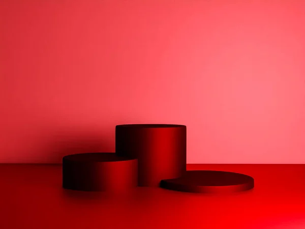 Scene with red color podium for mock up presentation in minimalism style with copy space, 3d render abstract background design