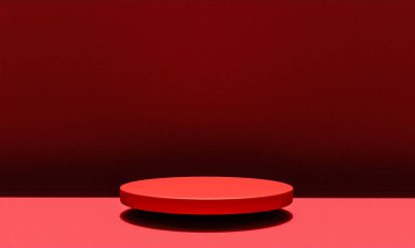 Fotokopi alanı ile minimalizm tarzında sunum yapmak için kırmızı renk podyumuna sahip sahne, 3d soyut arkaplan tasarımı