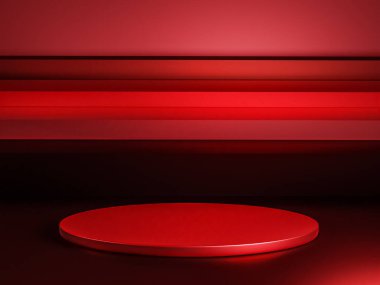 Fotokopi alanı ile minimalizm tarzında sunum yapmak için kırmızı renk podyumuna sahip sahne, 3d soyut arkaplan tasarımı